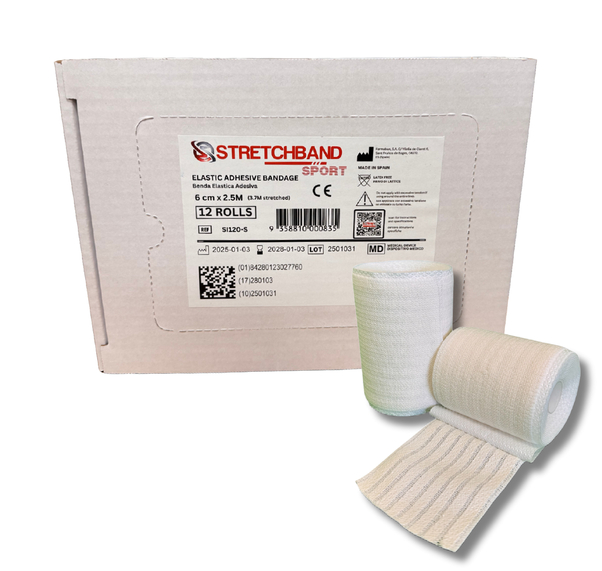 Strapit Bandage élastique Sport - bandage adhésif élastique - 6 cm x 2,5 m - 12 pièces